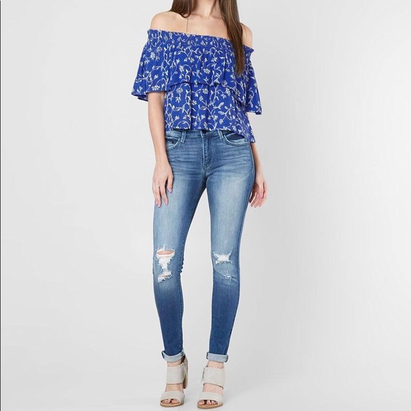 Amuse Society In Your Dreams Blue Floral Gauze Crop Off Shoulder Top Small - Picture 3 of 9